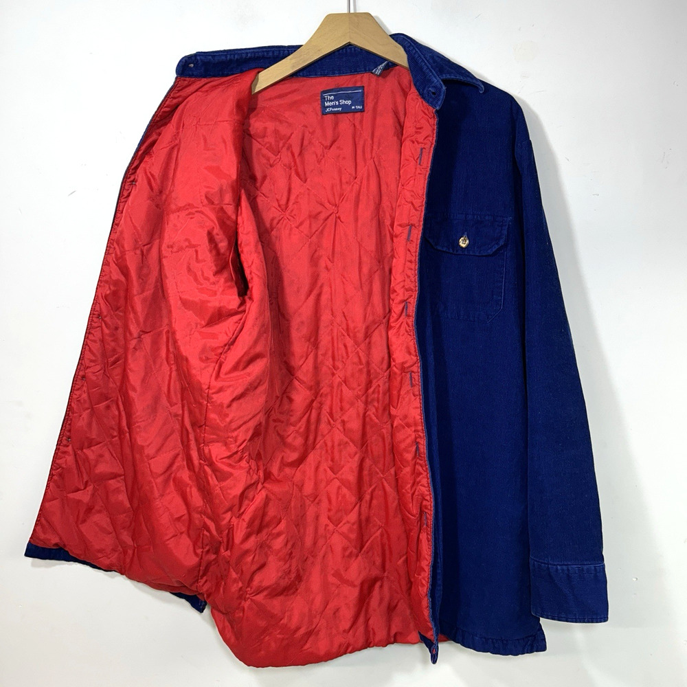 Vintage 80s Corduroy Shirt Jacket Blue Red Quilted Lining Men M Tall JC Penney